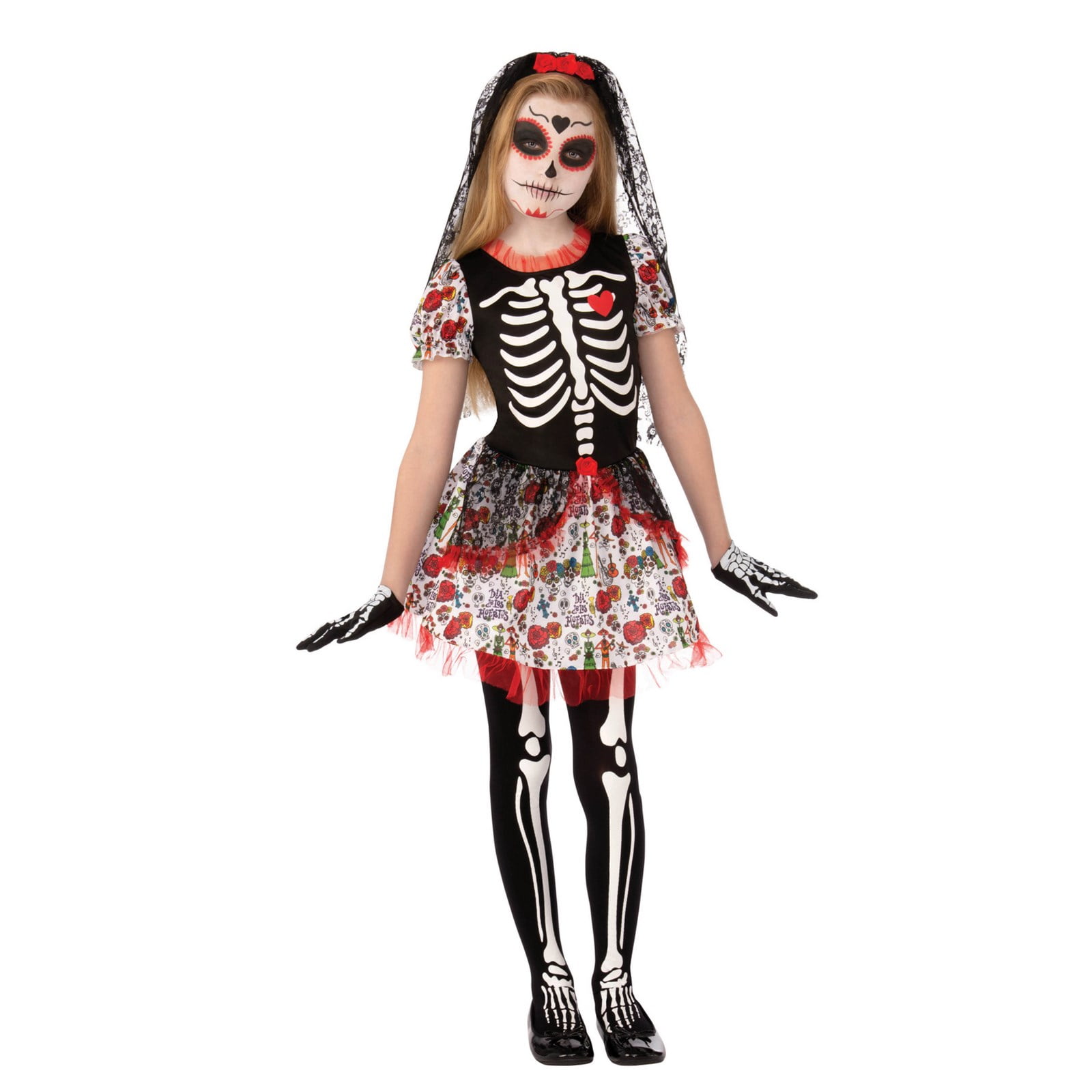 Skull Of The Dead Tights Girls Fancy Dress Halloween Skeleton Kids Costume New 