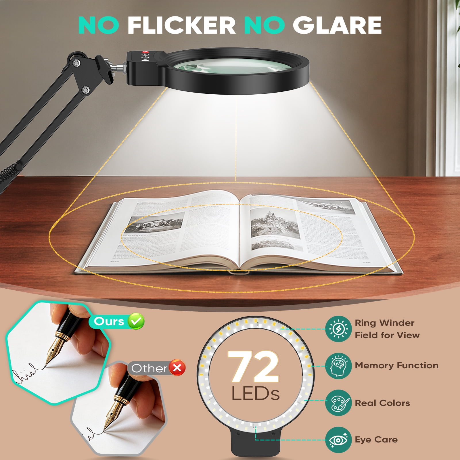 Floor Magnifying Glass with Light, 72 LEDs 3 Color 10 Dimmable Magnifying Floor Lamp with Adjustable Height, Heavy Base, Hands-Free Magnifier for Reading, Sewing, Crafts, Close Work