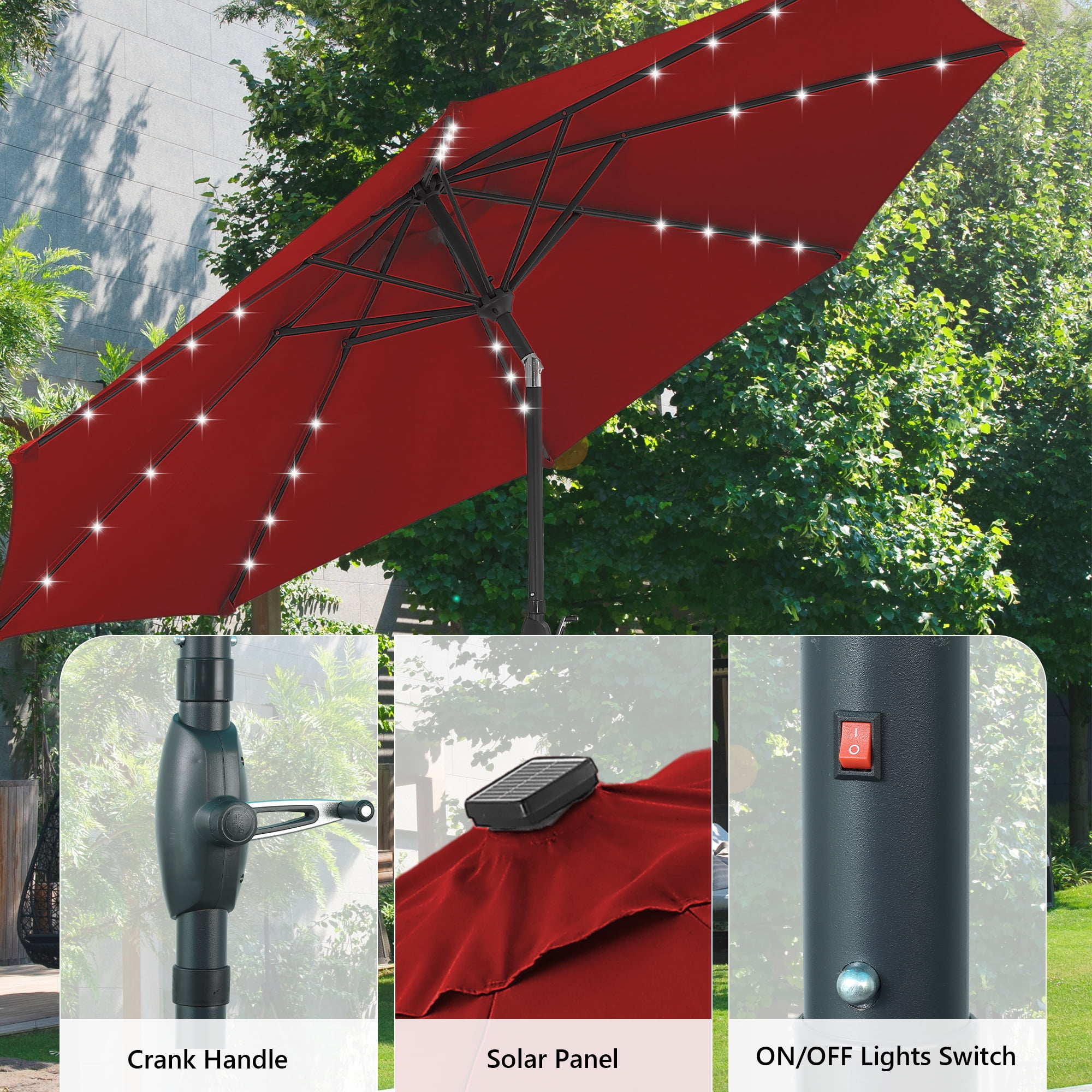 Autlaycil 10ft Patio Umbrellas 32 Solar LED Lights Outdoor Market Umbrella with Tilt Crank, Solar Umnrella - Red