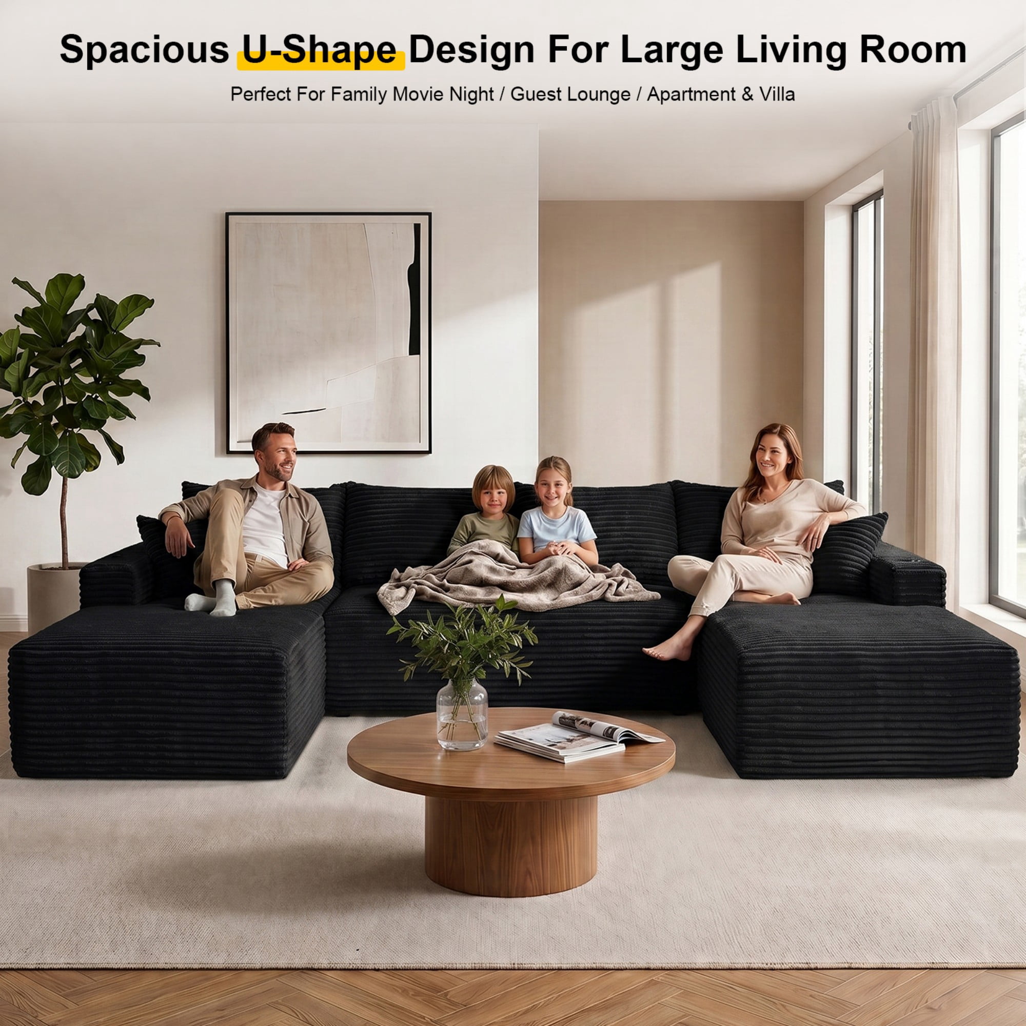 DEALTOPS 134" Corduroy U-Shape Modular Cloud Couch, Double Chaise Sectional Sofa with Cup Holders, Black