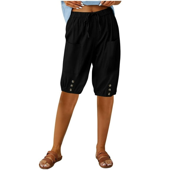 Promotion Sale! Women's High Waisted Cargo Shorts Elastic Waist Knee Length With Button Detail, Casual Loose Fit Bermuda Shorts For Beach And Sports Black L Size