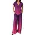thumbnail image 3 of Cagogo Women Plus Size 2 Piece Outfits Summer Vacation Set Loose V Neck Short Sleeve Tshirt Wide Leg Pants Casual Cruise Travel Lounge Tracksuits Boho Gradient Matching Sets, Hot Pink XL, 3 of 6