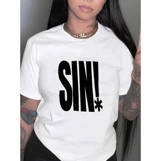Camiseta para mujer, camiseta para mujer, camiseta básica, trajes simples de moda, camisetas de manga corta, camisetas de verano para deportesLetter Print Casual Sports T-shirt, Short Sleeve Crew Ne
