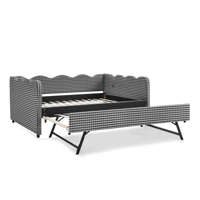 Full Size Upholstery Daybed with Trundle and USB, Full to King Design Wave Shaped Extendable Linen Sofa Bed, No Box Spring Required, for Living Room and Bedroom