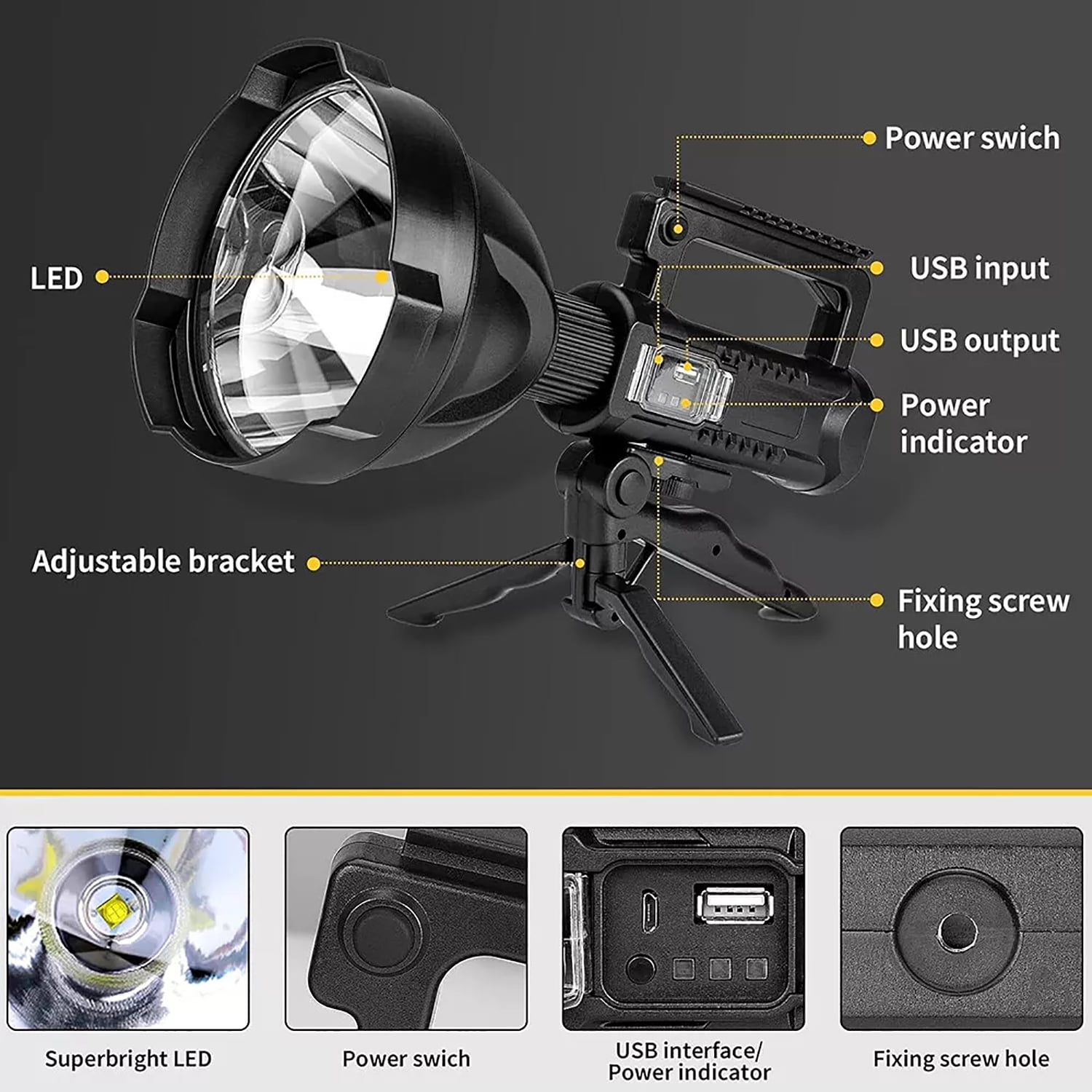 Rechargeable LED Flashlight, 100000 Lumens Super Bright, Waterproof Searchlight with Tripod, 4 Modes, USB Power Bank, for Camping, Hunting, Emergencies