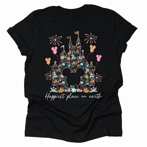 Where Dreams Come True Floral Castle Shirt, Magic Kingdom Shirt Unisex Casual Short Sleeve (Black-2X large)