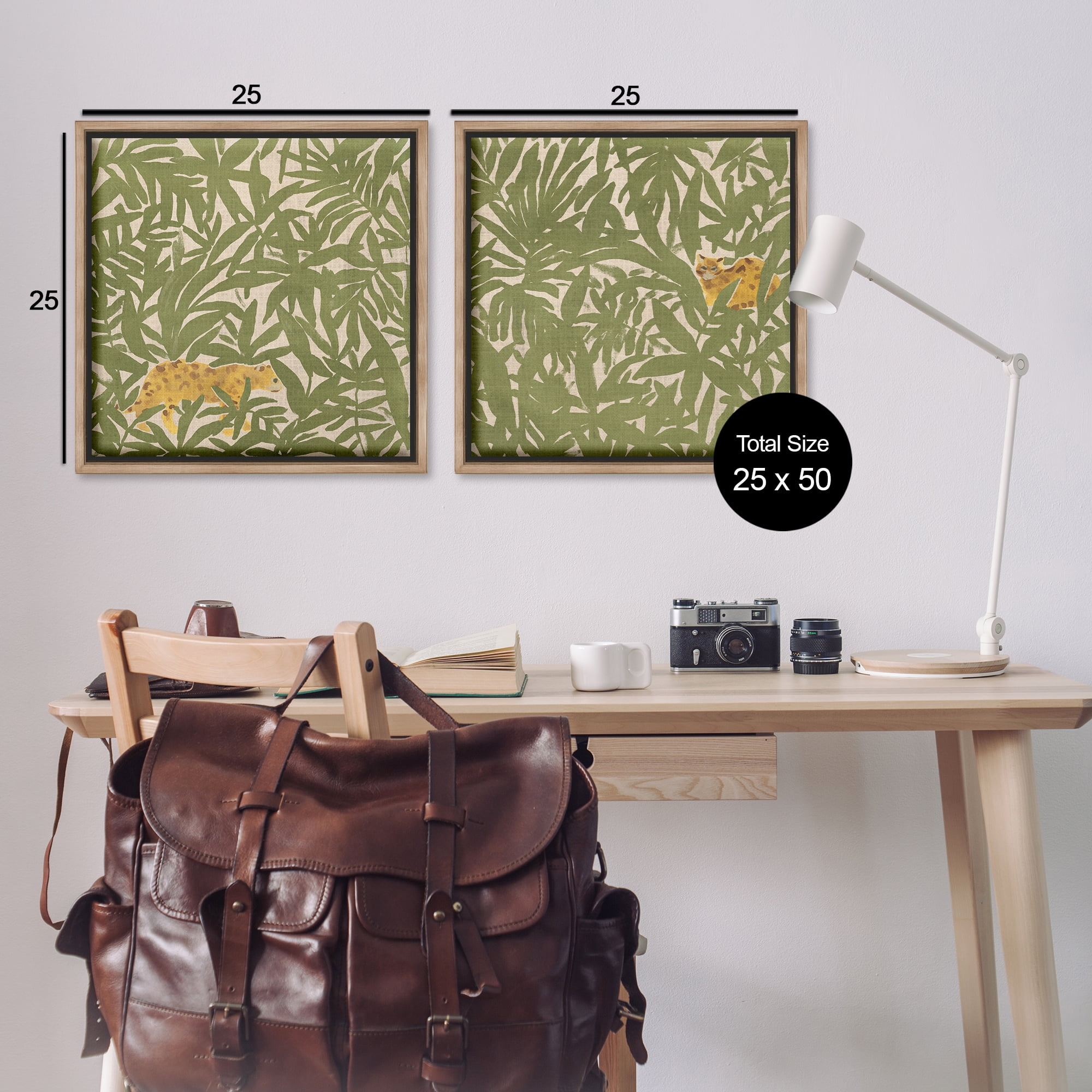 Stupell Industries Hunting Jungle Cat Plants & Flowers Painting Brown Floater Framed Canvas Art Print Wall Art, 25 x 25, Set of 2