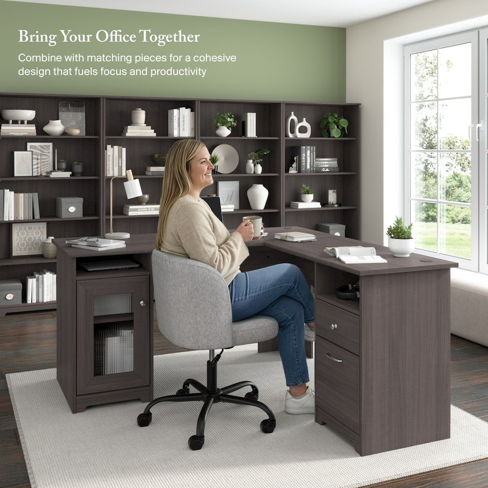 Cabot Modern 60W L Desk with File Drawer, Box Drawer and Storage Cabinet in Heather Gray