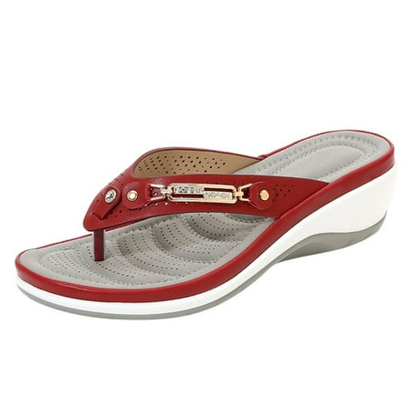 CHOII Clearance Comfortable Women s Orthopedic Sandals Fishmouth Wedges High-heeled Shoes Women s Shoes Sandals Metal Buckle Flip Flops for Women Heightening Wedge Red/7.5