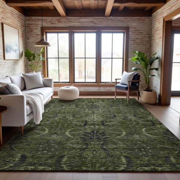 Addison Rugs Mayfield Premium Machine Washable Transitional Damask Olive Rectangle Rug, 9' x 12'