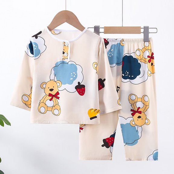 FRSASU Girls Boys Summer 2 Pieces Knitted Outfit Cute Cartoon Printed Sleepwear Button Crew Neck Long Sleeve Tops with Pants Set Beige-A