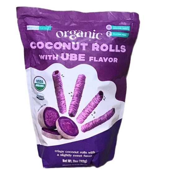 TROPICAL FIELDS ORGANIC COCONUT ROLLS WITH UBE FLAVOR SLIGHTLY SWEET 11 OZ