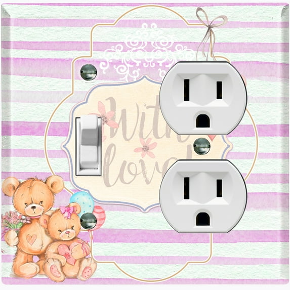 Metal Light Switch Wall Plate Outlet Cover (2 Teddy Bears With Love Heart Balloon Flower Pink Stripes - Single Toggle Single Duplex)