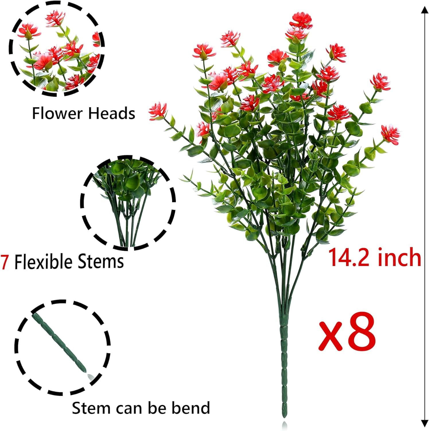 8 Bundles Red Artificial Flowers Outdoor Fake Flower Plastic UV Resistant Shrubs Greenery Plants Hanging Decorations Garden Porch Window Box Farmhouse Outside Summer Indoor Decor