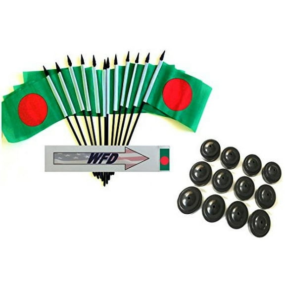 Pack of 12 4"x6" Bangladesh Polyester Miniature Office Desk & Little Table Flags, 1 Dozen 4"x 6" Bangladeshi Small Mini Handheld Waving Stick Flags with 12 Flag Bases (Flags with Stands)