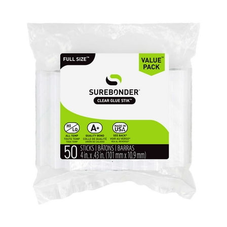 Surebonder DT-50 All-Purpose, All-Temp 0.43 Inch Full Size Hot Glue Sticks - Perfect for Wood, Fabric, and Crafts - 50 Pack, 4 Inch Length, Clear