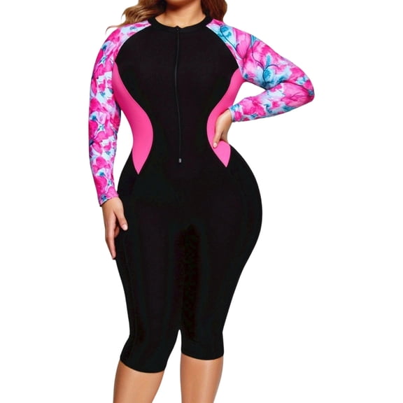 DHFJKG Womens Swimsuit Rash Guard One Piece Full Coverage Long Sleeve Zip Front Swimwear Floral Printed Bathing Suit For Swimming Diving Surfing Knee Length Cozy Beachwear