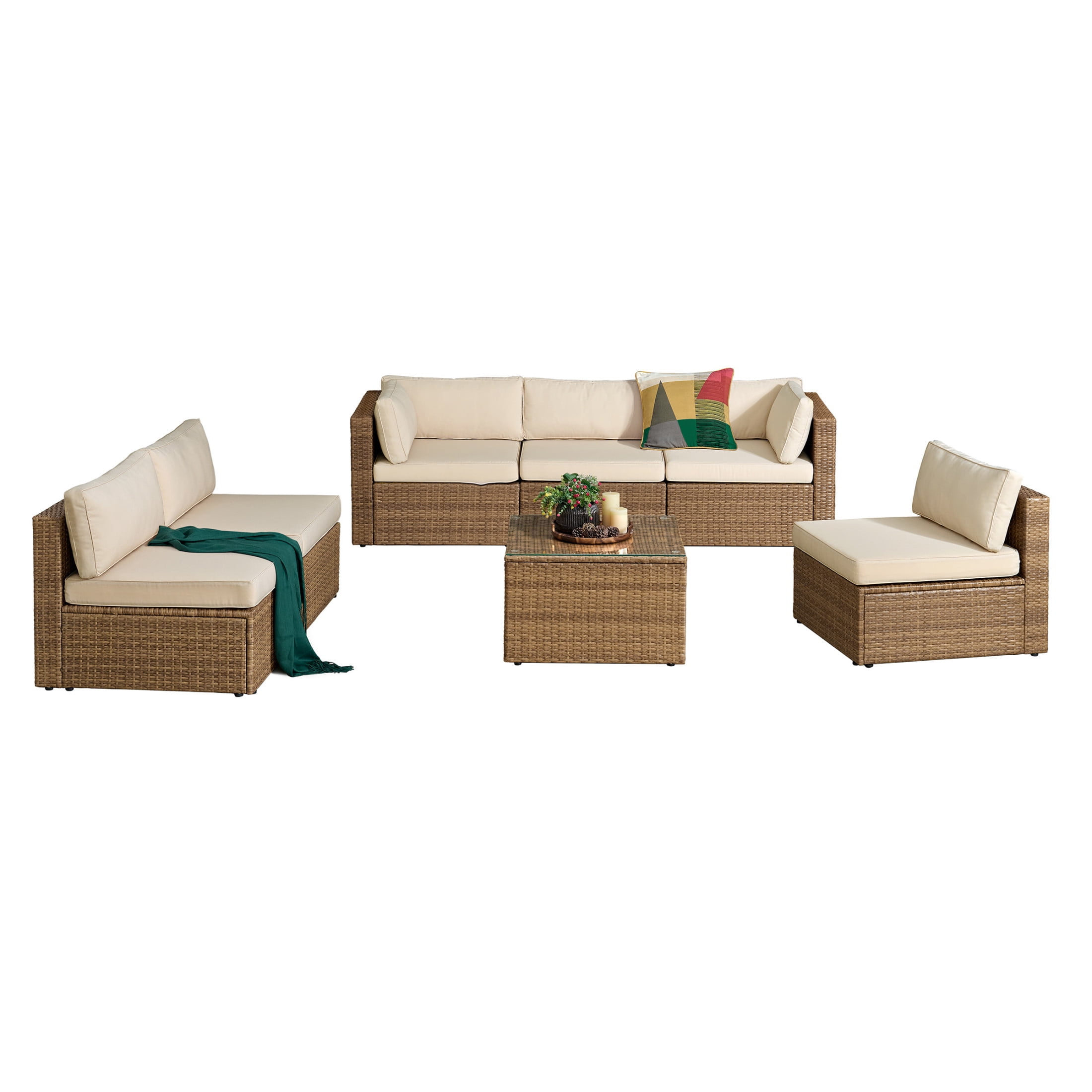 Alaterre Furniture Montara 7Pc Patio Furniture Set with Outdoor Couch and Table, Tan/Cream