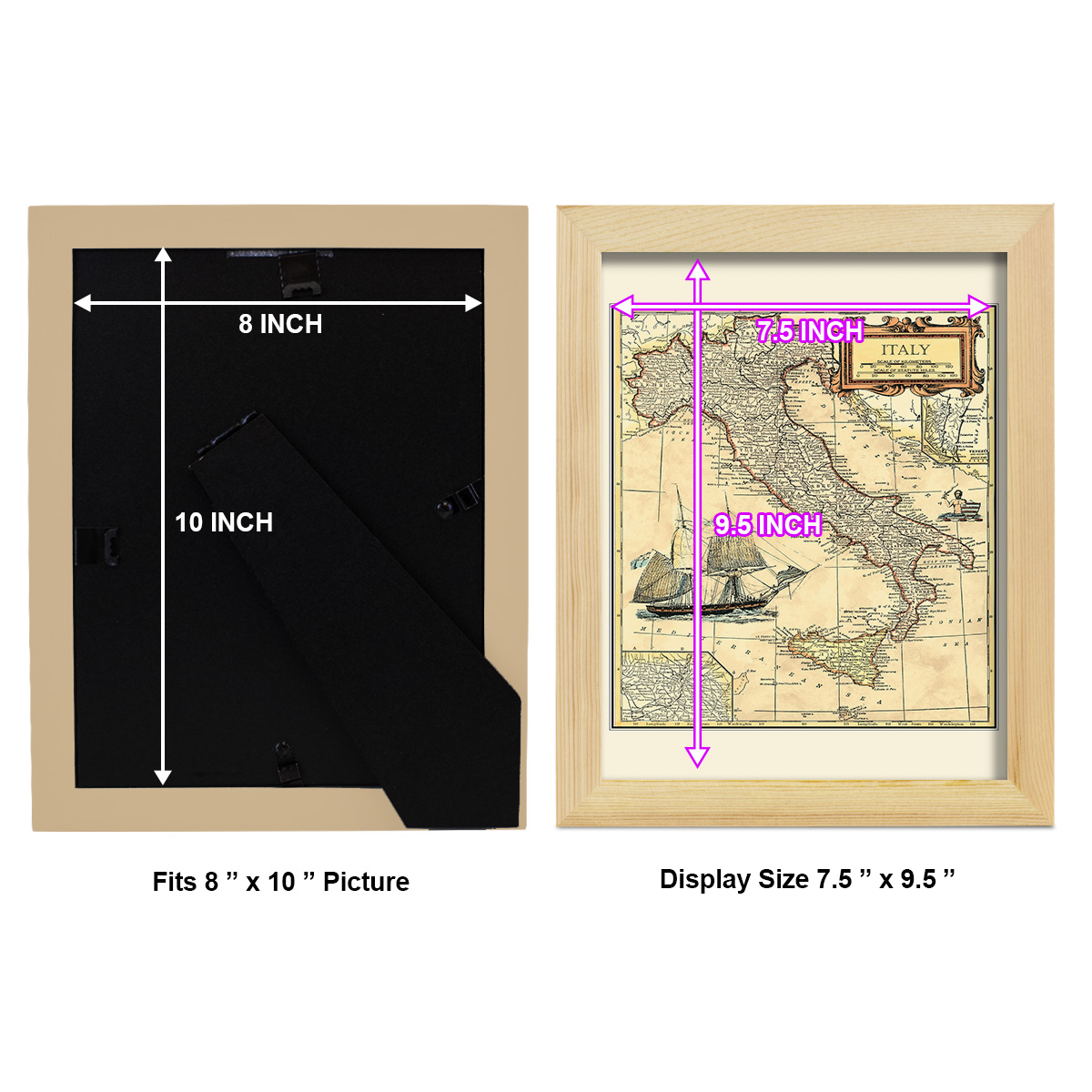 Italy Map -Framed Print w/glass-Natural Wood