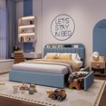 thumbnail image 4 of Festisoul Full Size Bed Frame with 2 Drawers, Boucle Upholstered Platform Bed Frame with Bookcase Storage Headboard, No Box Spring Needed, Noise Free, Blue, 4 of 6