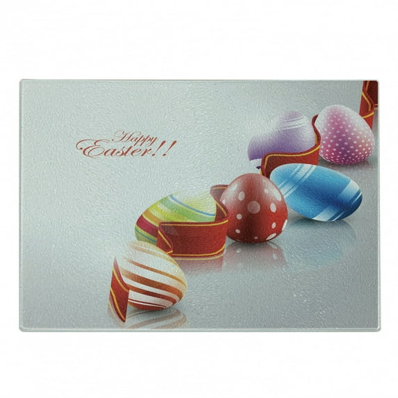Easter Cutting Board, Ornamental Ribbon with Colorful Egg Pattern Happy Easter Words Arrangement, Decorative Tempered Glass Cutting and Serving Board, Small Size, Multicolor, by Ambesonne