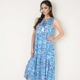 thumbnail image 3 of Women's Sleeveless Tiered Maxi Dress with Vibrant Abstract Print and Tassel Tie Detail- Blue,Medium, 3 of 7
