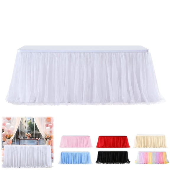 9ft Color Tulle Table Skirt Baby Shower Tablecloth,3 Layers Mesh Table Skirt with Wave Chiffon Pleated Design,Fitted Desk Skirts Banquet Birthday Party Wedding Tablecloths Cover