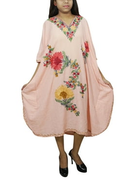 Mogul Bohemian Fashion Peach Floral Embroidered Kimono Cover Up Resort Wear Kaftan Dress One Size