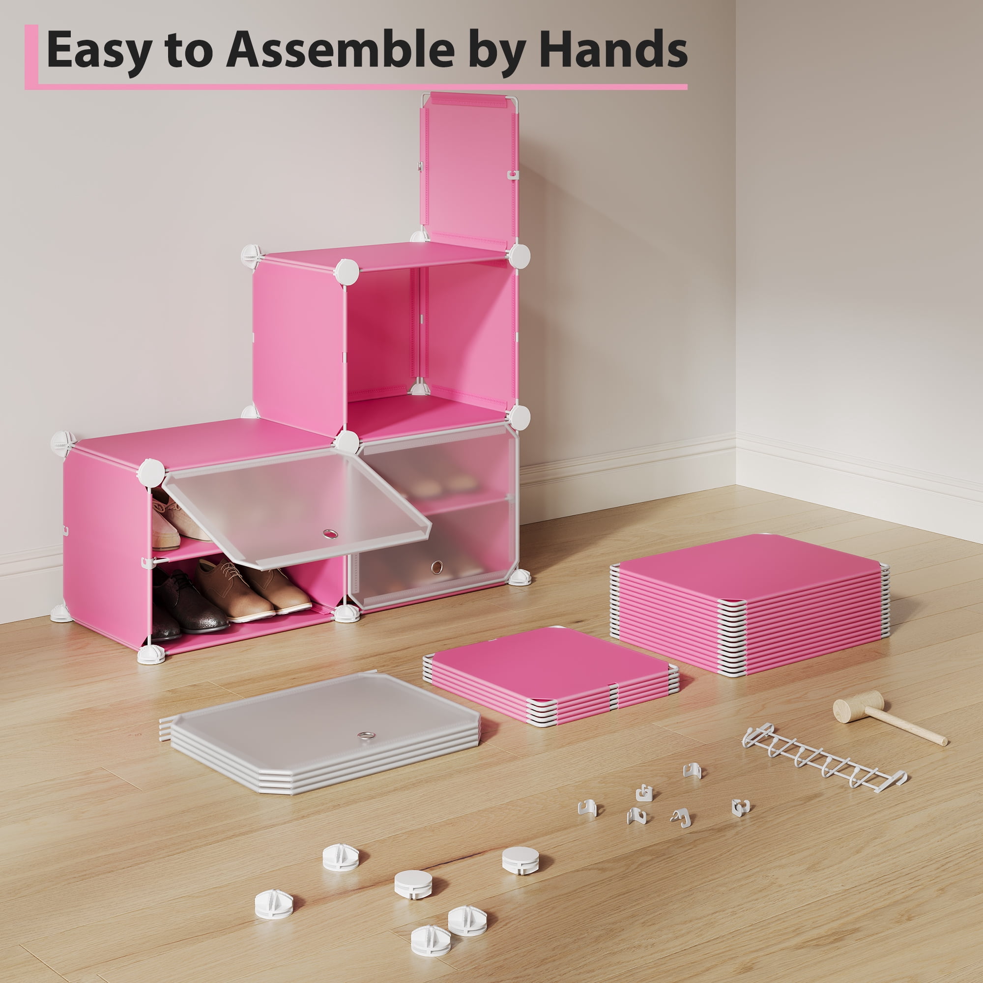 Modular 6-Cube Shoe Storage Cabinet with Doors – 6-Tier Plastic Shoe Organizer – Space-Saving – Easy DIY Assembly – for Entryway, Bedroom, Living Room – Pink