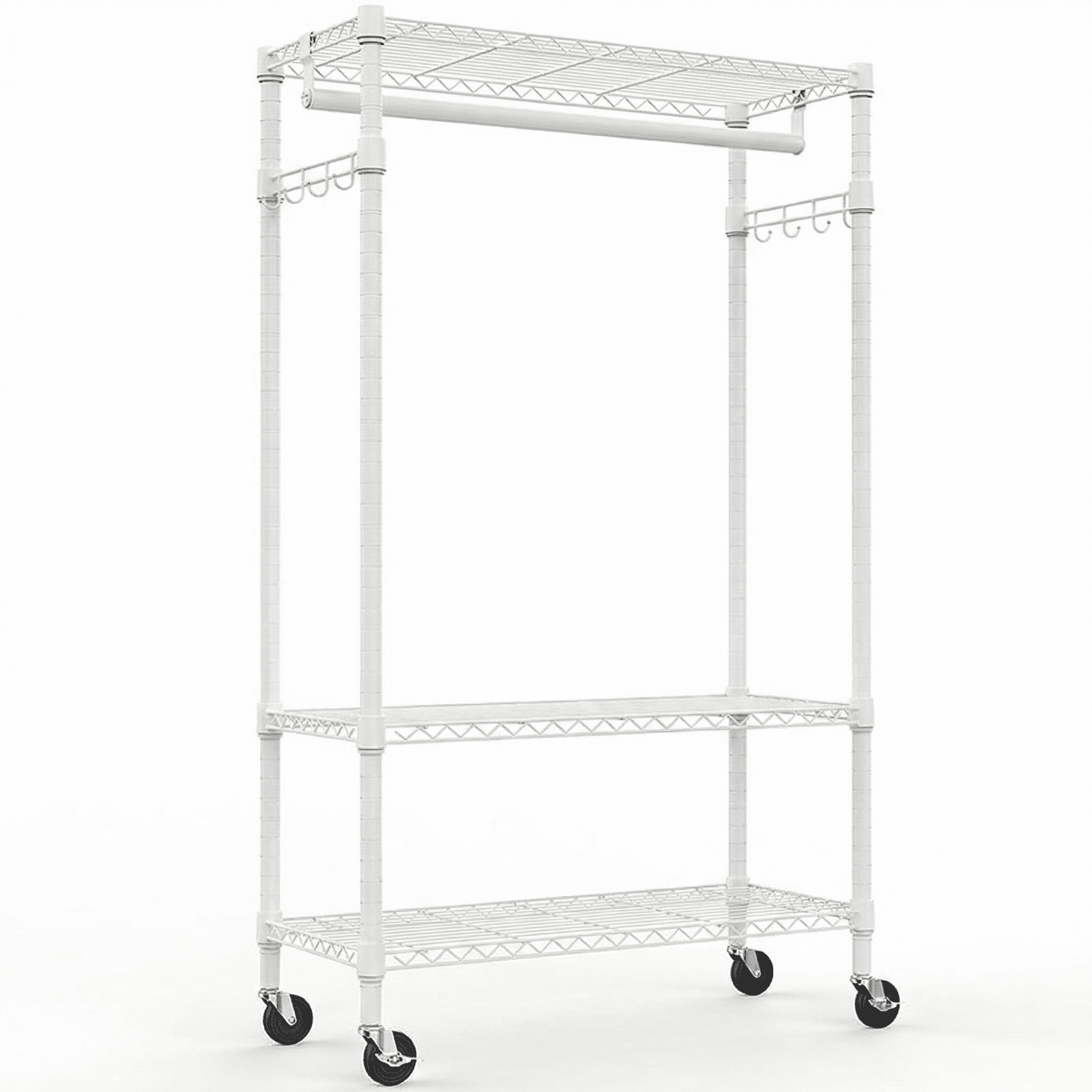 Leumius Heavy Duty Rolling Garment Rack, 3 Tiers Adjustable Wire Shelving Clothes Rack with Rods and Side Hooks,Storage Closet Clothing Rack with Wheels for Laundry Room Bedroom Cloakroom White