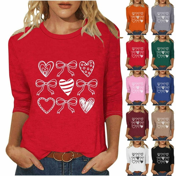 RKSTN Valentines Gift 3/4 Length Sleeve Womens Tops Oversized Crewneck Valentine Day Loves Heart Graphic Print Short Sleeve T Shirt Womens Casual Plus Size Round Neck Three Quarter Sleeve Tee Shirt