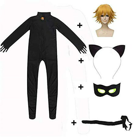 JOYEAR Kid?s Costume Ladybug Cat Noir Boy or Girl Cosplay Clothing Black Cat Noir Jumpsuit Halloween Party Masquerade L(45-49inch),