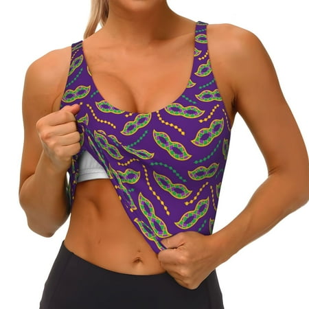 Qokaie Carnival Masks and Beads Pattern Womens Scoop Neck Sports Bra Breathable Workout Vest Padded U Back Medium Impact Fitness Gym Yoga Bra Workout Crop Top
