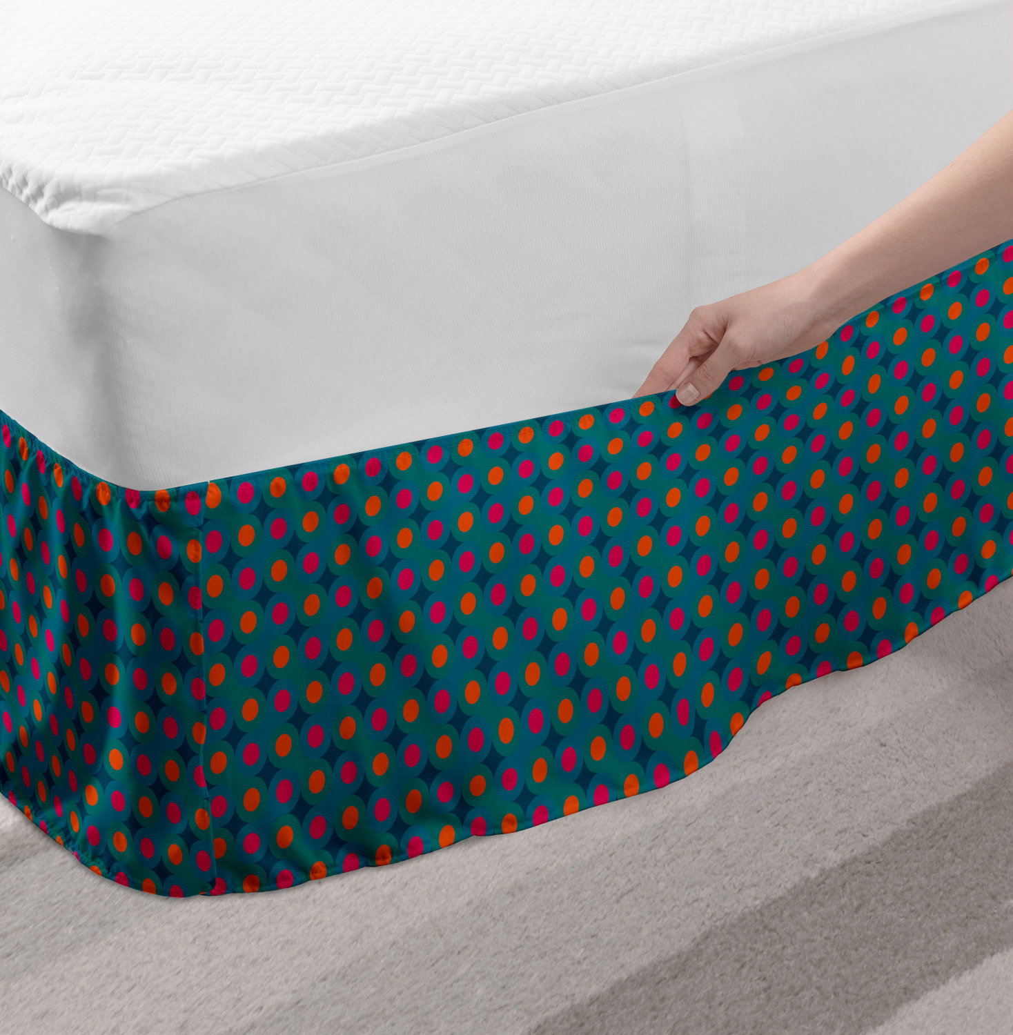 thumbnail image 2 of Abstract Bed Skirt, Illustration of Repetitive Polka Dots Simplistic Retro Inspirations, Elastic Bedskirt Dust Ruffle Wrap Around for Bedding Decor, 4 Sizes, Petrol Blue and Magenta, by Ambesonne, 2 of 2