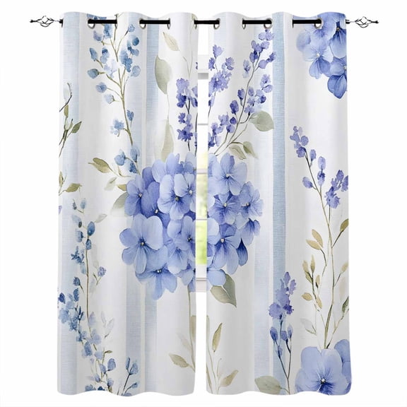 Purple Hydrangea Blackout Curtains 45 Inches Long for Bedroom, Stripe Botanical Vintage Thermal Insulated Room Darkening Black Out Window Curtain Panels Grommet Drapes for Living Room