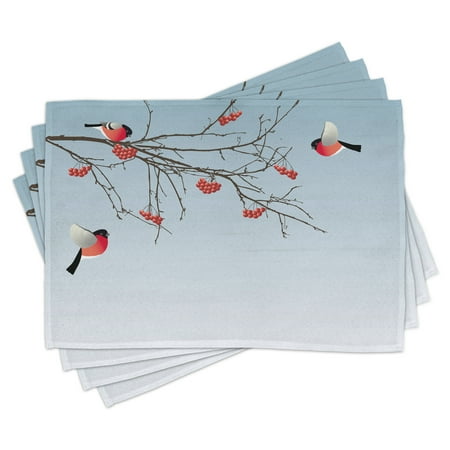 

Rowan Placemats Set of 4 Bullfinch Birds Flying and on Branches Winter Themed Graphic Design Washable Fabric Place Mats for Dining Room Kitchen Table Decor Pale Blue Coral Dark Brown by Ambesonne