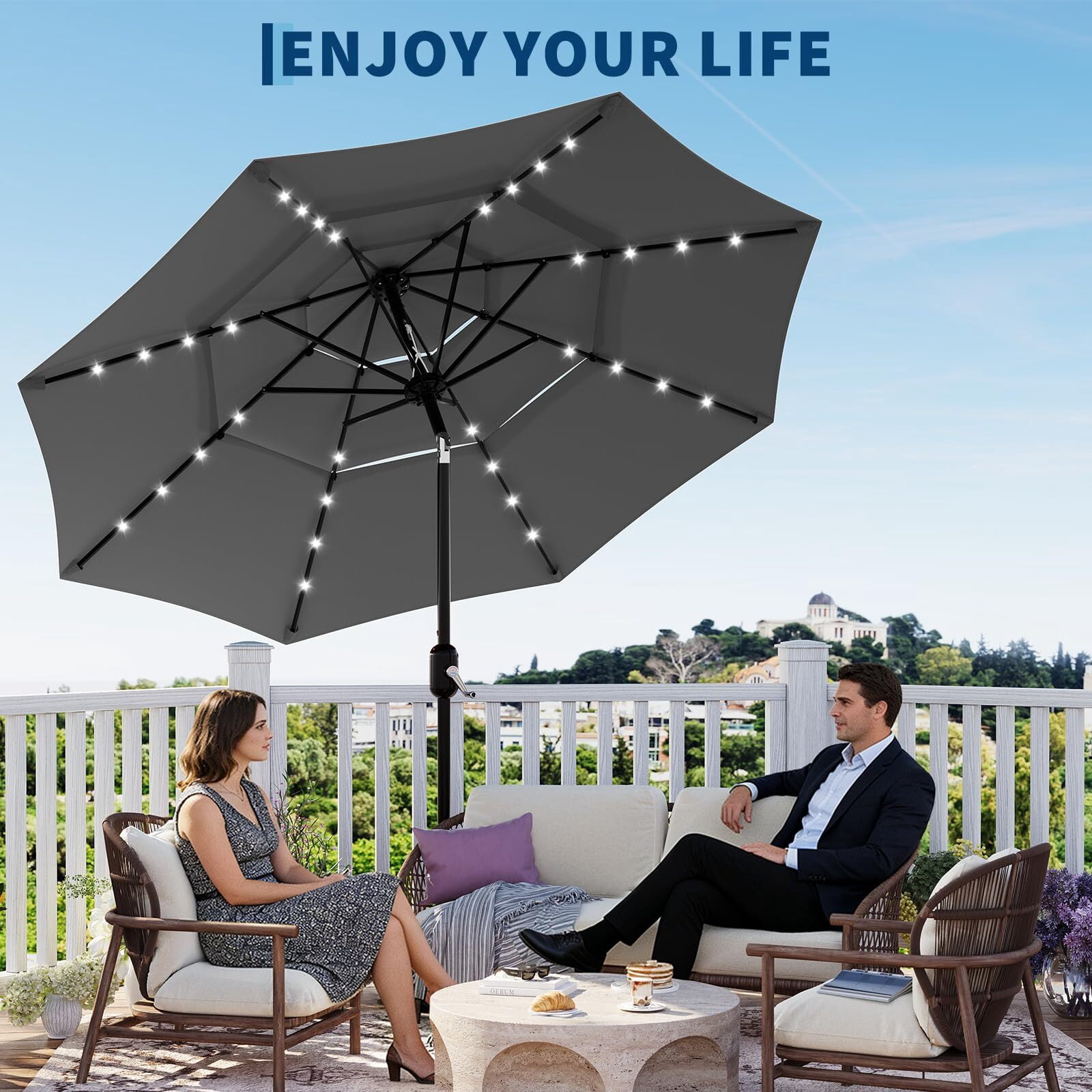 Emorefun 10ft Outdoor Table Umbrella, Portable Patio Umbrella with Solar Lights and 3-Tier Vents, Gray