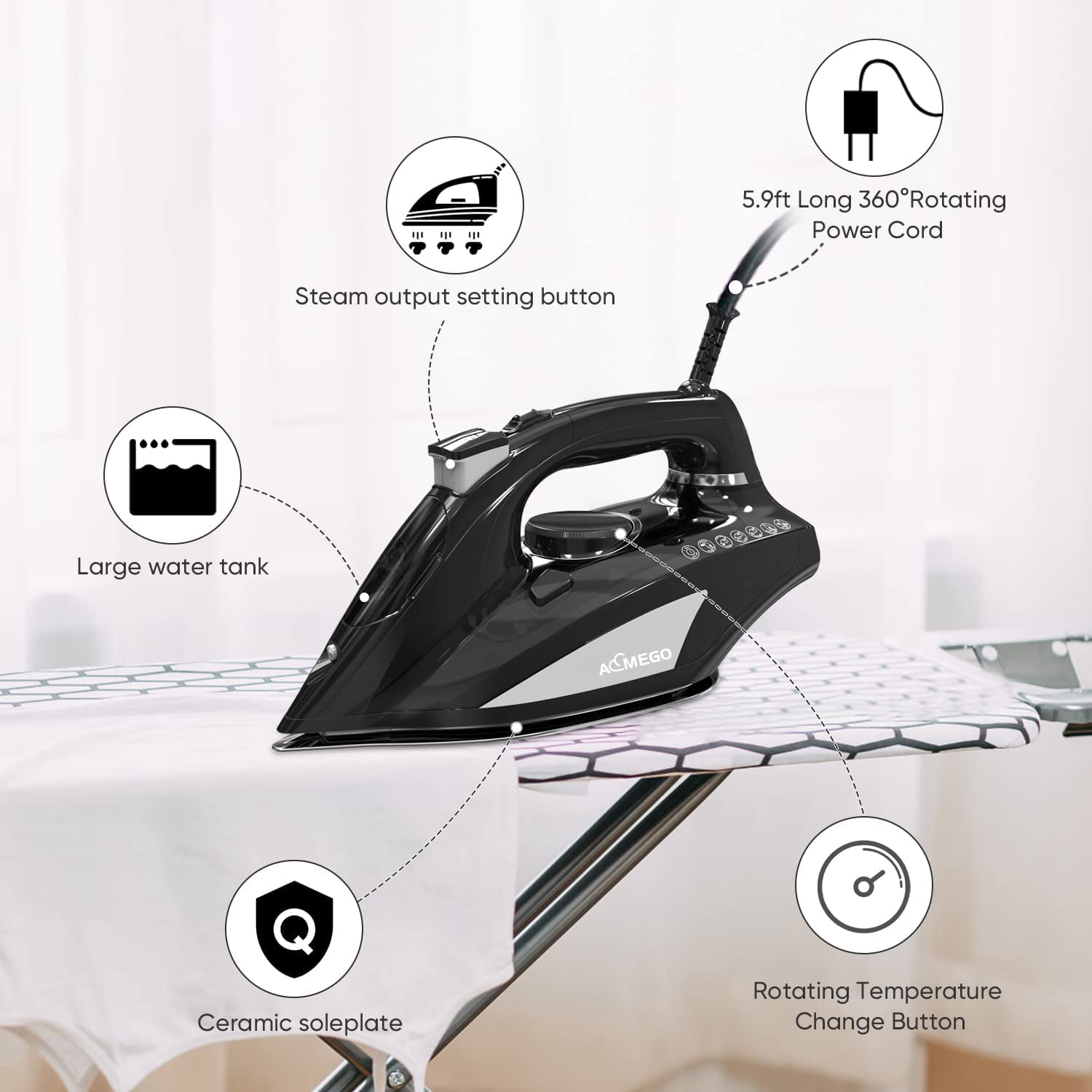 Aemego Steam Iron for Clothes Portable Anti Drip Clothes Iron Steam Black