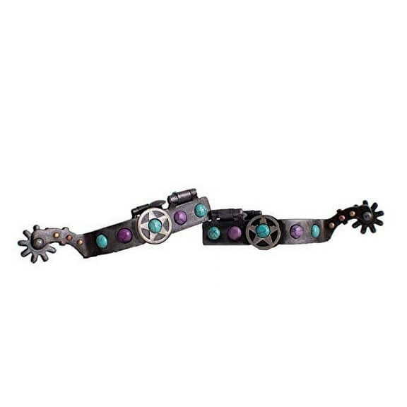 Showman Antique Gray Steel Spurs w/ Purple/Teal Marble Studs & Texas Star Design