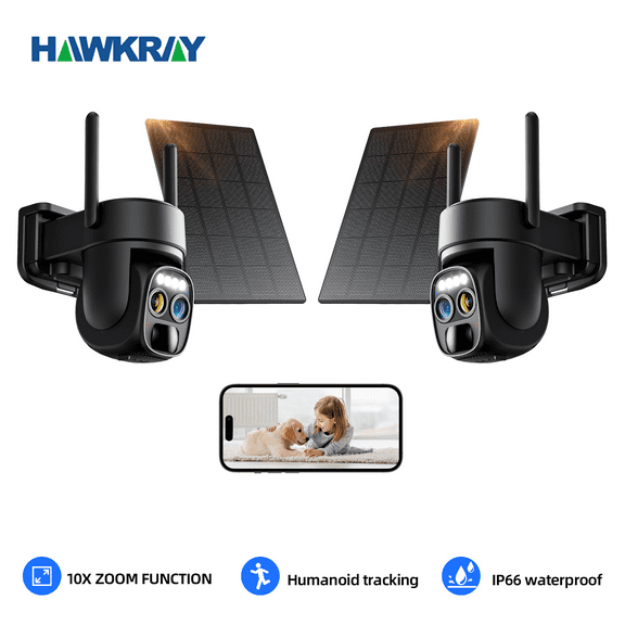2PCS  Hawkray solar security camera - wireless outdoor WiFi camera 2k360 black , 10x zoom, with human detection function, spotlight, SD card or cloud storage.