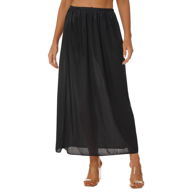 RUNQHUI Jupon Long en Satin pour Femme Demi-Jupon Jupe sous Robe Jupons Rallonge Demi-Jupons 90cm Noir 3TG
