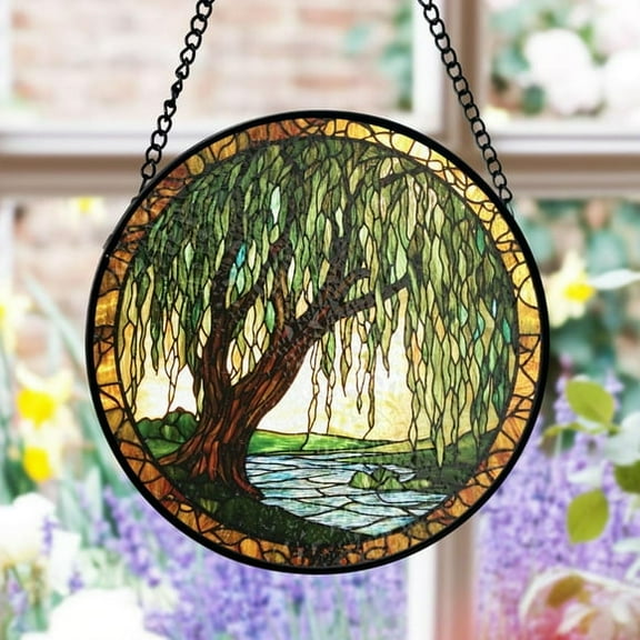 Willow Tree Stained Glass Suncatcher, Nature Window Art, Tranquil River Scene, Rustic Home Decor, Serenity Theme, Gift for Mom.