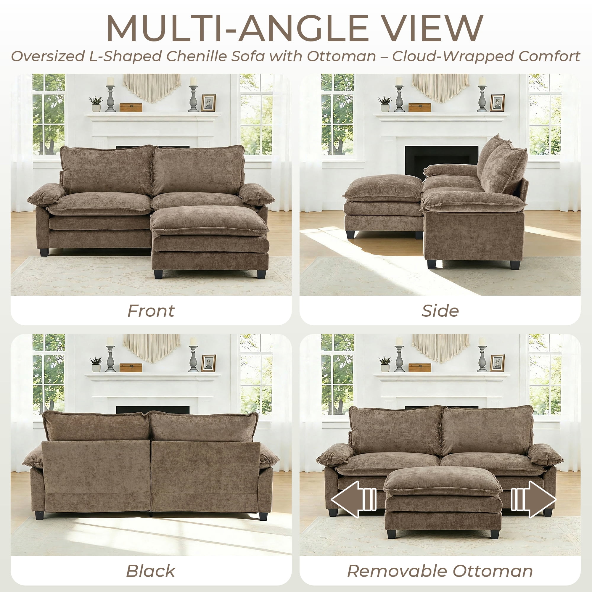 Ktaxon Sectional Sofa L Shaped Couch with Chaise Living Room Sleeper Set, 2 Seats with Chenille and Double Layer Cushions 87" W Light Brown