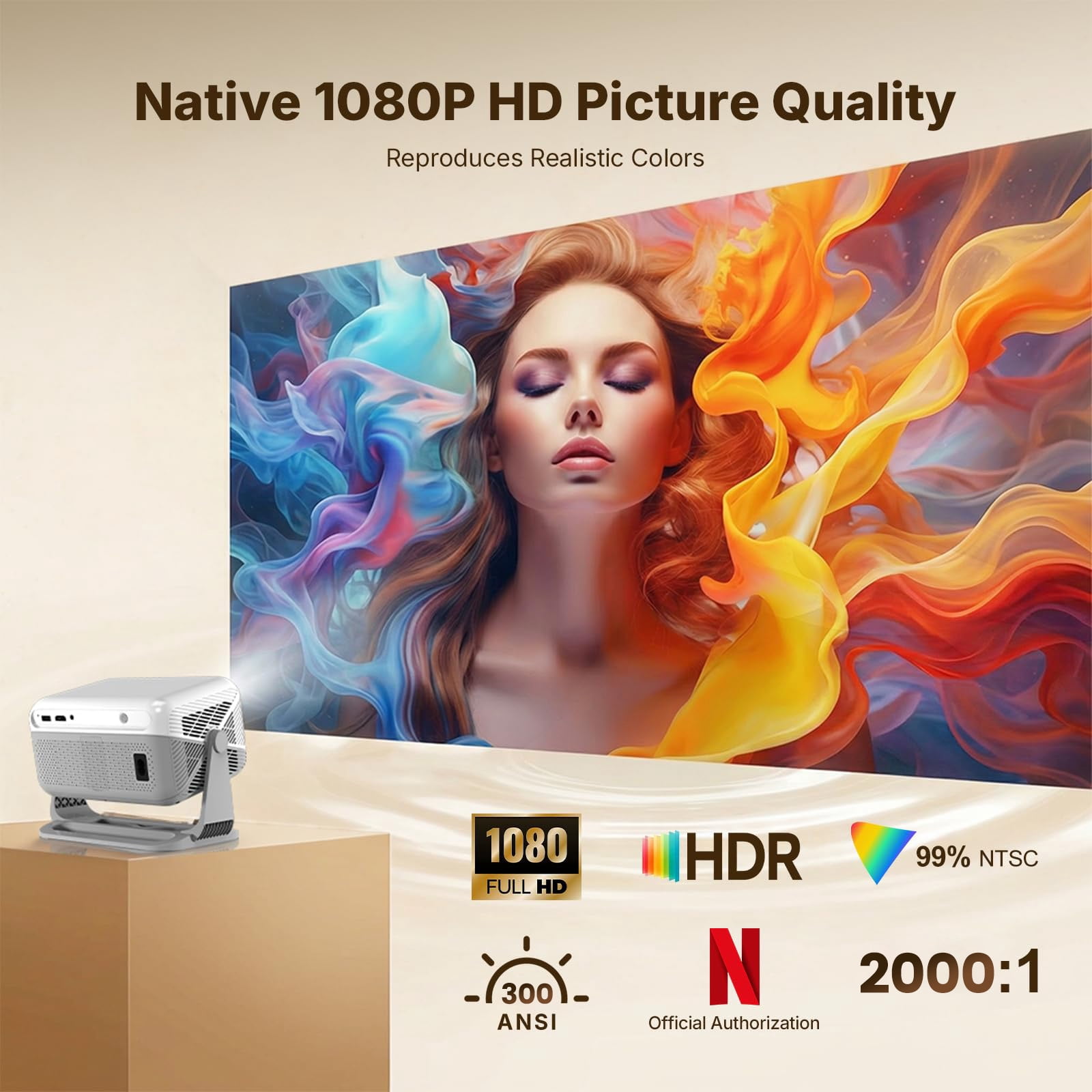 BDQ Mini Projector with WiFi and Bluetooth, 1080P Full HD Smart Projector, 300ANSI Auto Focus&Keystone, Portable Movie Projector Compatible with TV Stick Smartphone/HDMI/USB