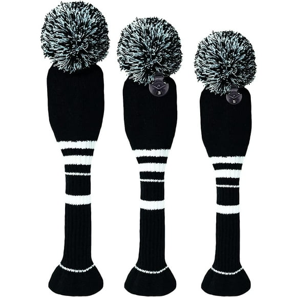 Knit Golf Club Head Covers Set of 3/4 for Woods and Driver, Pom Pom Clubs Headcovers with Number Tag for Fairway Hybrids Men Women Golfer