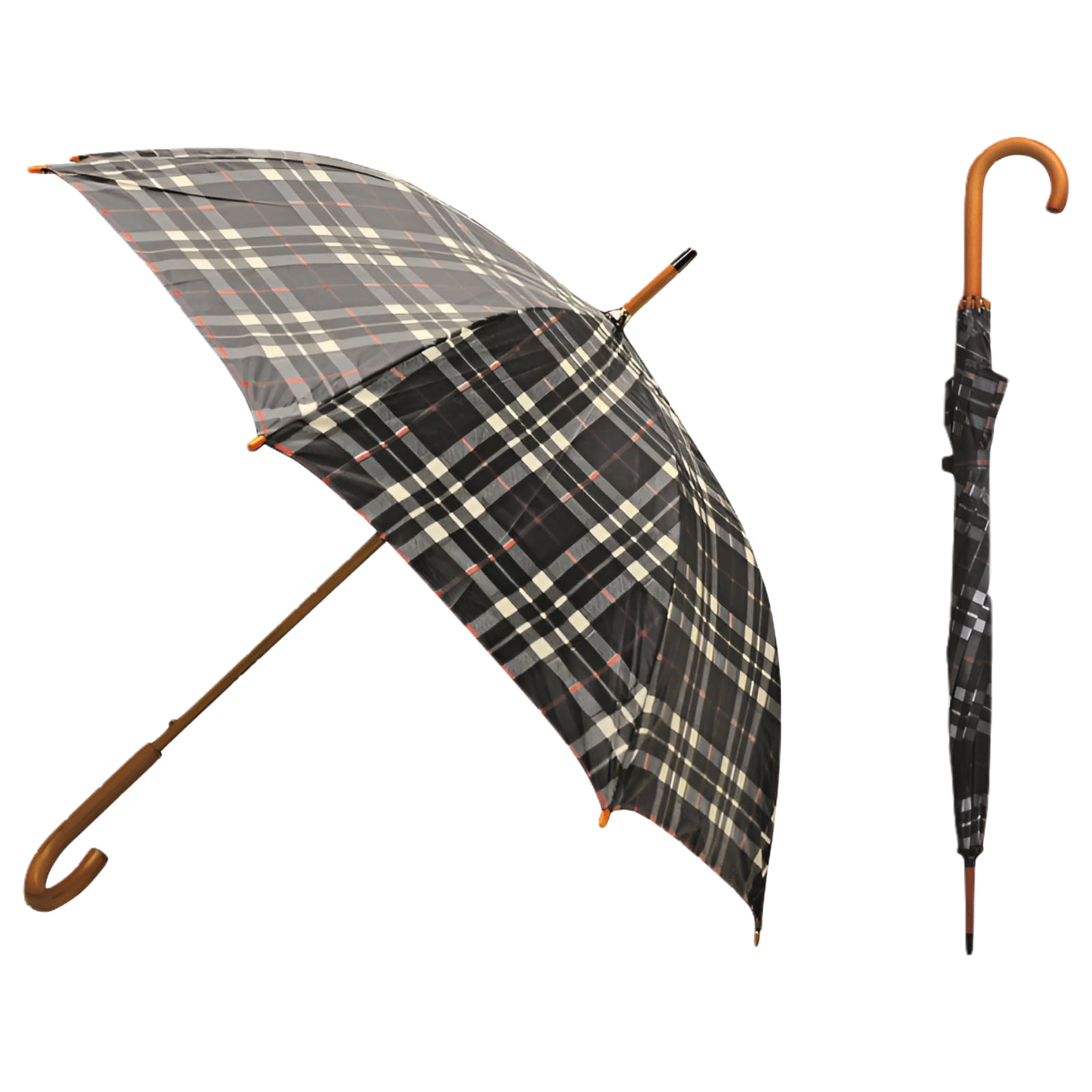 Rainbrella Classic Auto Open Umbrella with Real Wooden Hook Handle, Black Plaid, 46"