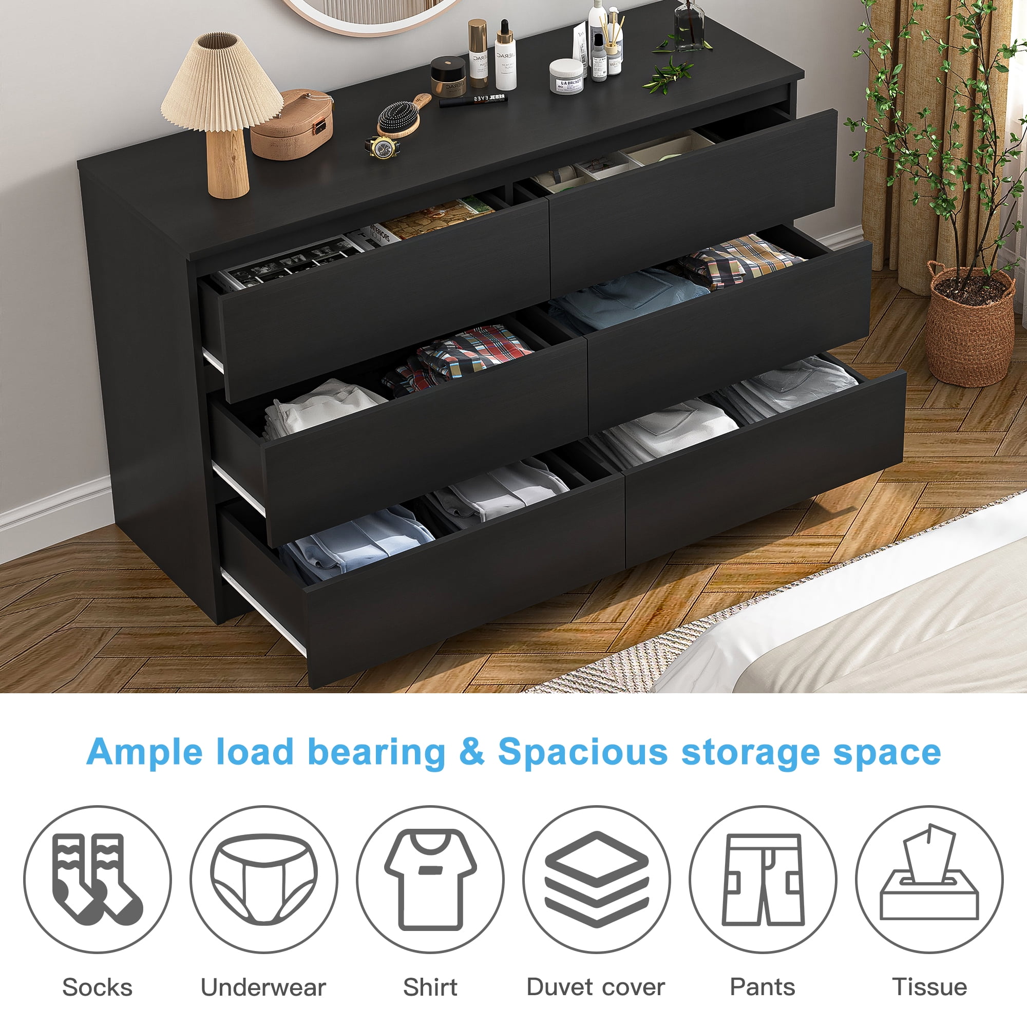 Finihen 6 Drawer Double Dresser, Modern 6 Chest of Drawers with Deep Drawers, Wide Storage Organizer Cabinet for Living Room, Kids, Black Finihen 6 Drawer Double Dresser, Modern 6 Chest of Drawers with Deep Drawers, Wide Storage Organizer Cabinet for Living Room, Kids, Black