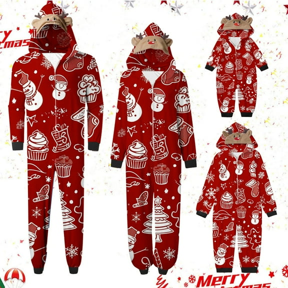 Odeerbi Christmas Onesie Pajamas for Family Holiday Sleep Jumpsuit Long Sleeve Family Christmas Pajamas Matching Sets Dad Parent Child Outfit Printed Loungewear Sleepwear Xmas PJs Set Red