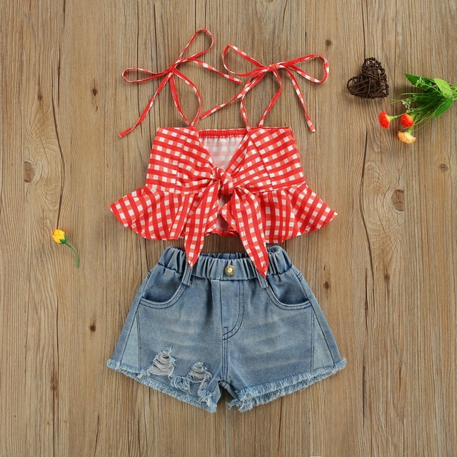 Mialoley Toddler Girls 2Pcs Summer Outfits, Sleeveless Plaid Print Ruffle Tops + Ripped Denim Shorts Set