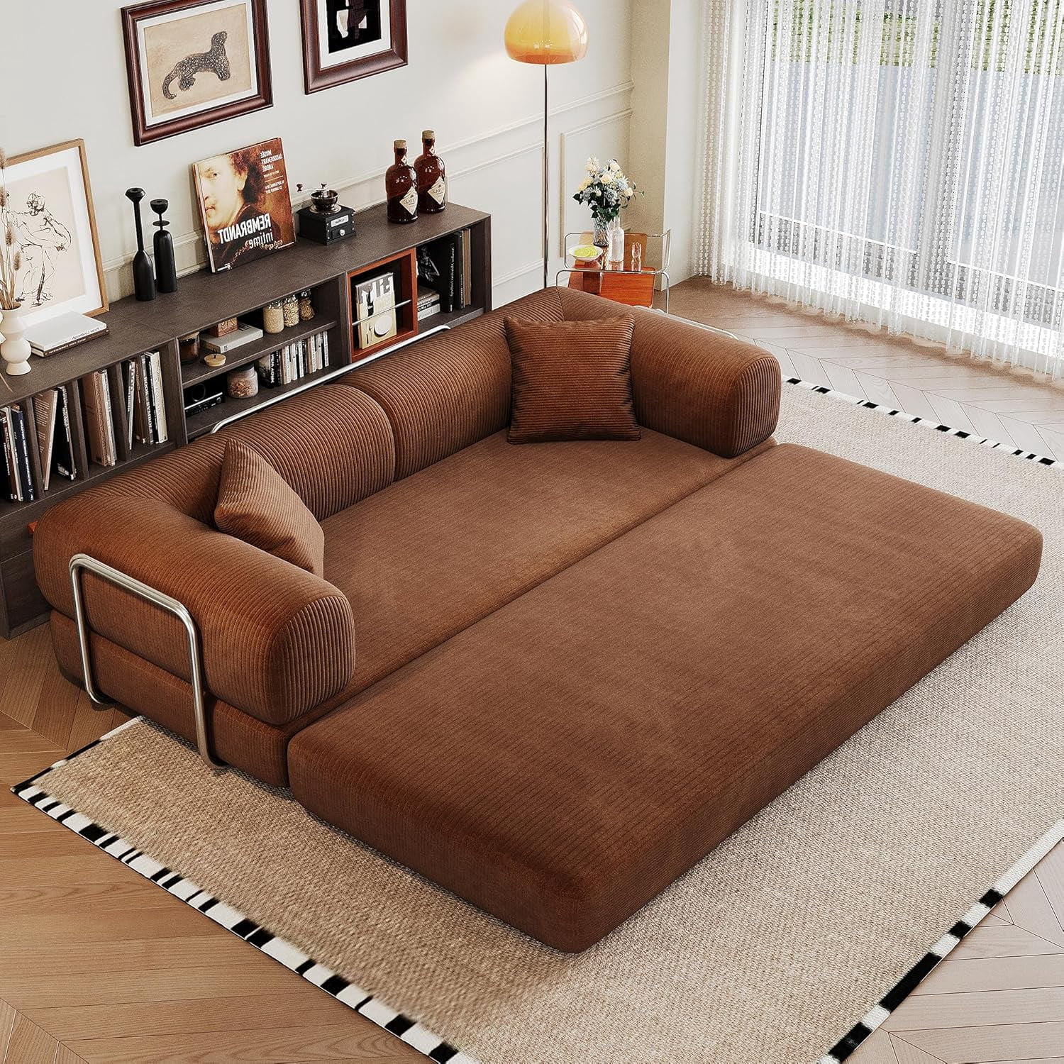 Howcool 79" Convertible Sofa Bed, Corduroy Folding Pull Out Couch with Pillows, Boneless Compression Sofa in a Box, Floor Sofa with Support Rods for Living Room,Brown